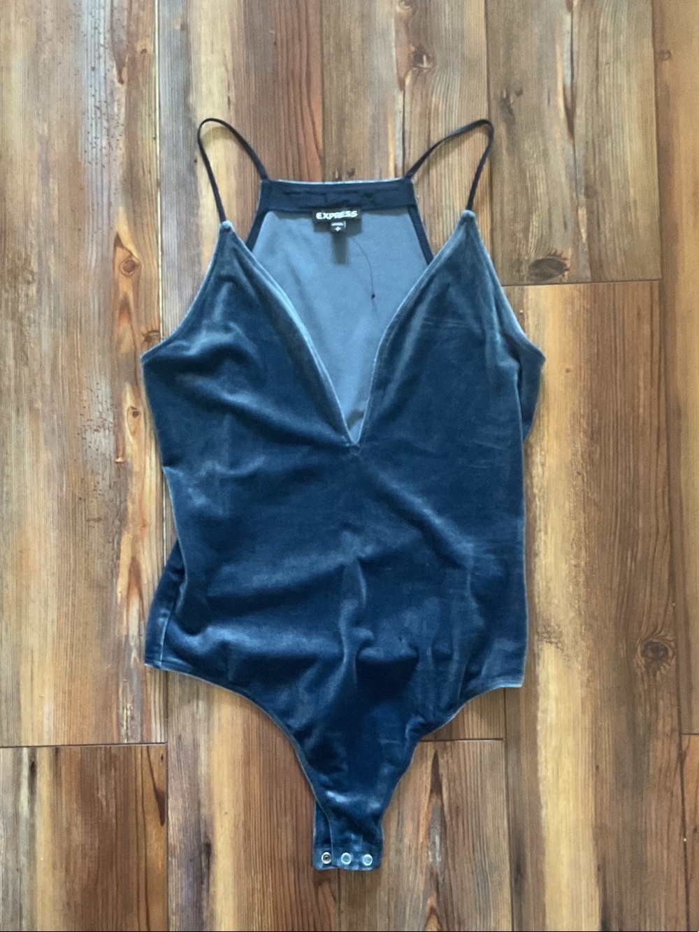 Express Velvet V-Neck Bodysuit in Deep Blue